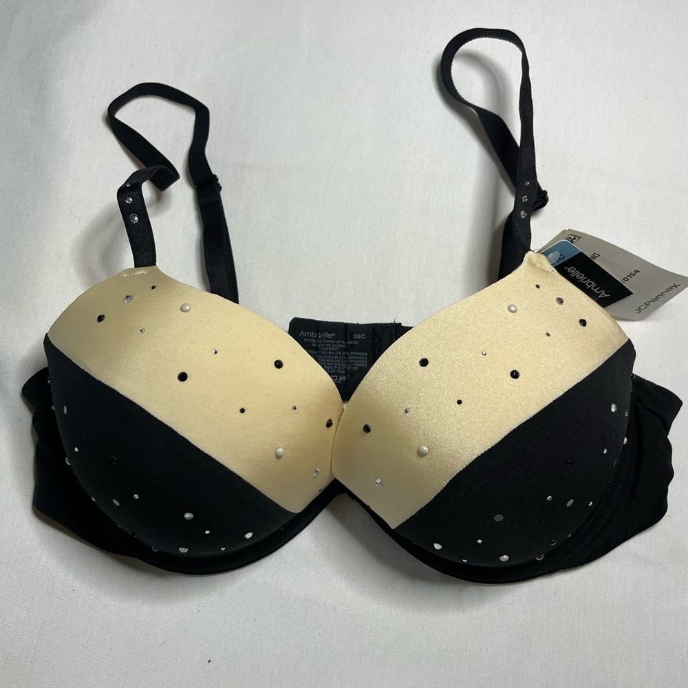 NWT Ambrielle Black & Cream Push Up T-Shirt Bra w Molded Cups Rhinestone Sz 36C